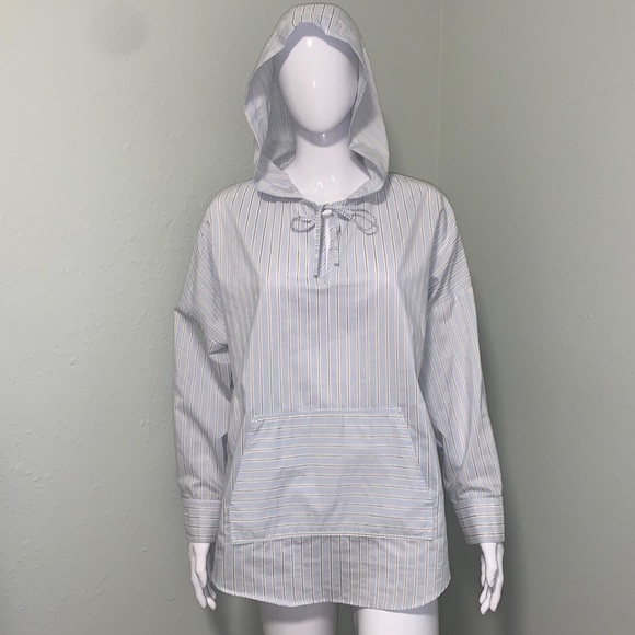 Zara Tops - Zara Blue Gold & White Striped Oxford Hooded Cotton Long Sleeve Top